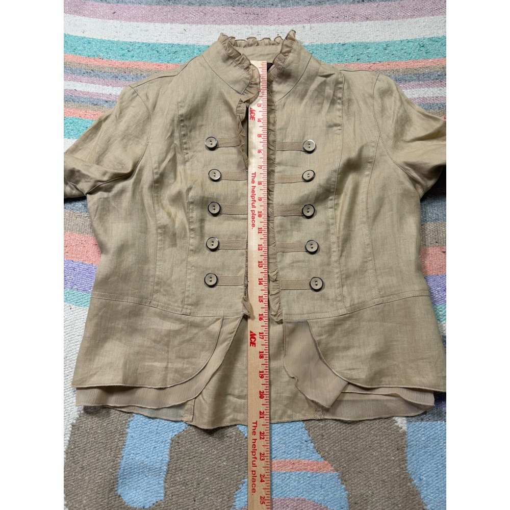 Multiples Linen Military Jacket Petite Medium Beige Ruffle Trim Open Front - Picture 5 of 5